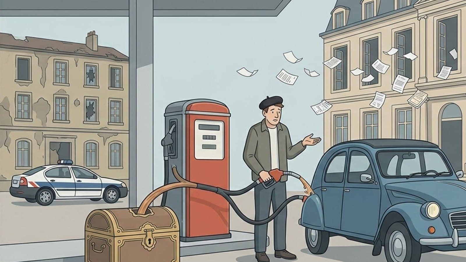 Realistická redakčná ilustrácia: Francúzsky vodič stojí bezradne pri stojane na čerpacej stanici, z ktorého hrubá odbočka z tankovacej hadice odvádza takmer polovicu paliva do veľkej truhlice parížskeho daňového úradu. V pozadí za ním stojí ošarpaná budova lýcea s rozbitým oknom a policajné auto stojace bokom, zatiaľ čo z okien vládneho paláca lietajú ďalšie rozpočtové formuláre a dlhopisy.