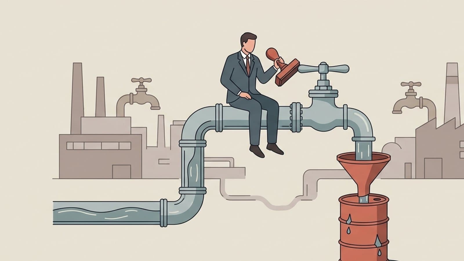 Ilustrácia zobrazuje priemyselný potrubný systém prepájajúci rôzne podniky, cez ktorý prúdi tekutina predstavujúca firemný kapitál a platby za tovary. Na centrálnom potrubí sedí vládny úradník v obleku s pečiatkou, ktorý namontoval veľký regulačný kohútik a cez lievik odčerpáva prúd do deravého suda s nápisom stranícke priority. V pozadí stoja fabriky s vyschnutými kohútikmi a obmedzenou výrobou.